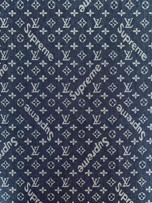 Classic LV With Supreme Denim Woven Jacquard fabric , Jean Fabric For Handmade Goods By Yard ( Dark Blue )