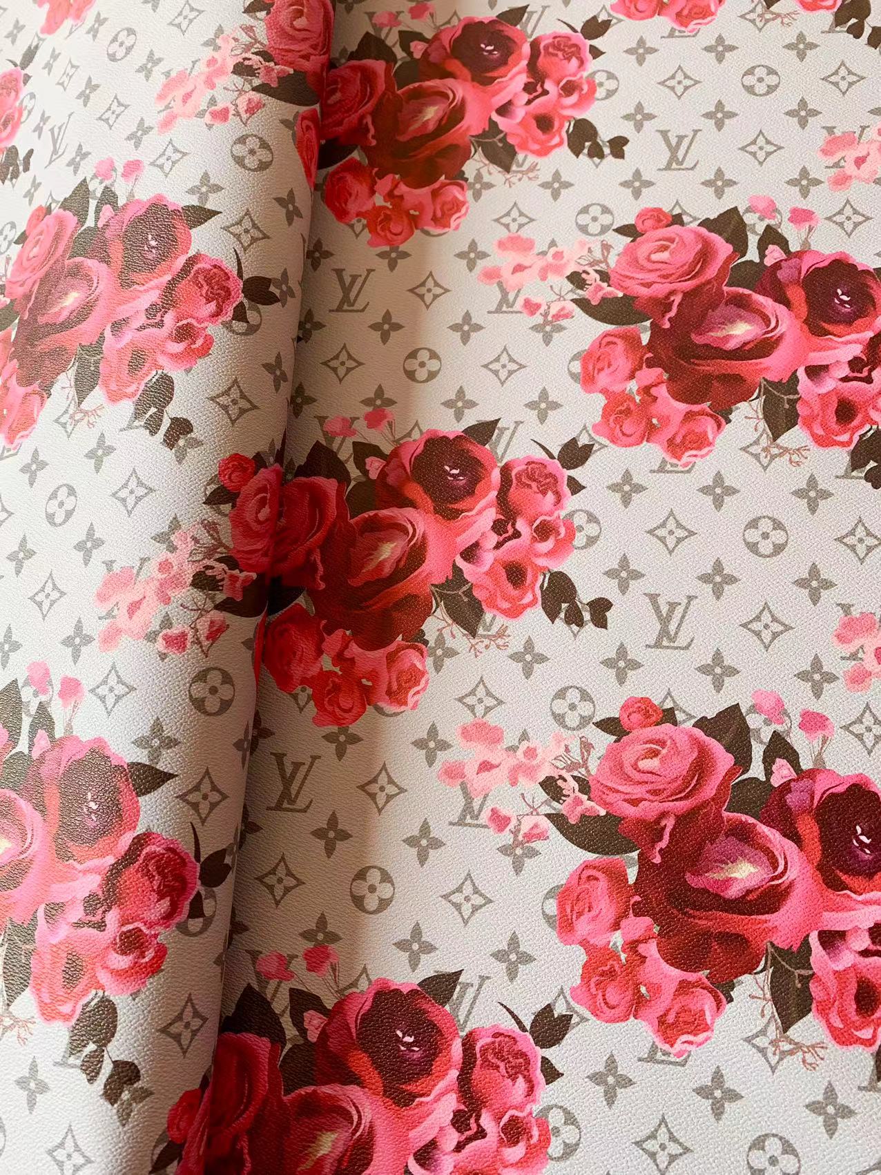 Fashion LV With Red Rose Design Leather Fabric For Handmade Bags , Handmade Shoes By Yards