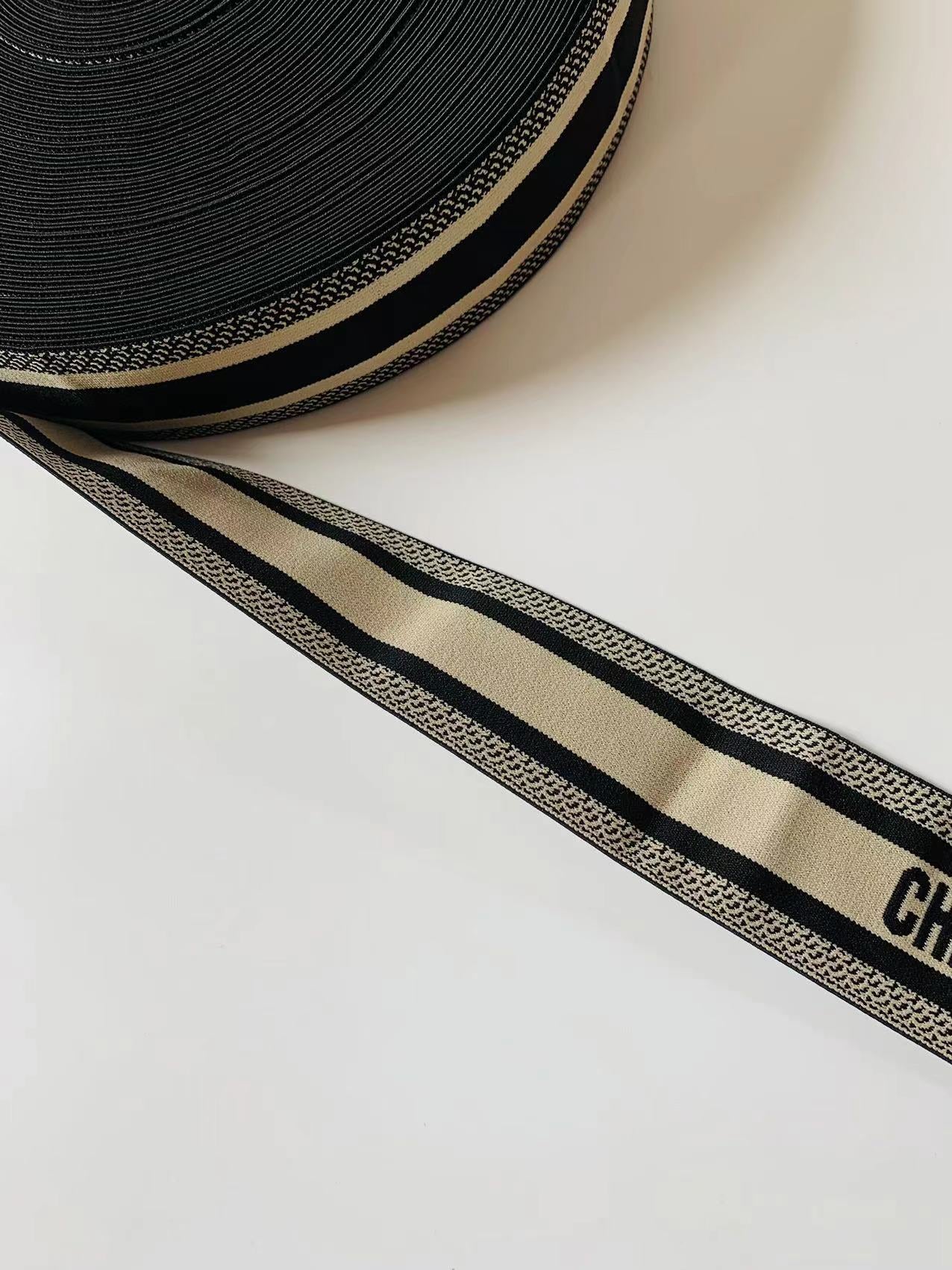 Christian Dior Paris 2.5 inch Elastic Strap ,Handmade Striped Ribbon Trim Embroidered For shoes ,Bags ,Clothing ,Handicrafts By Yard (Black)