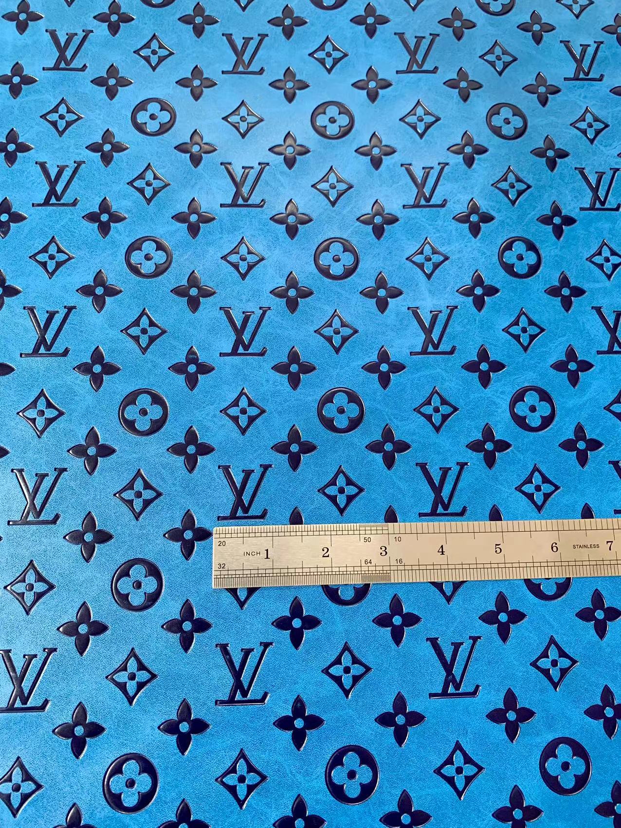 Fashion LV Vantage Embossed Leather Fabric For Handmade Handicrafts,DIY Shoes ,Customized Bags LV Design Leather By Yard (Blue)