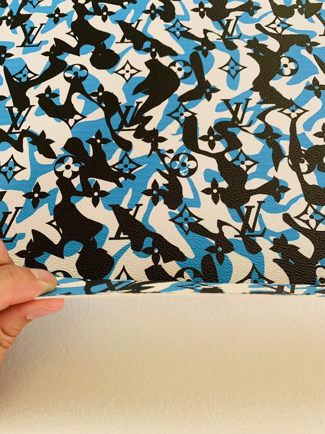 Fashion LV Blue White Black camouflage Leather Case Fabric,Handmade Bag Fabric, Shoes Leather Fabric By Yard
