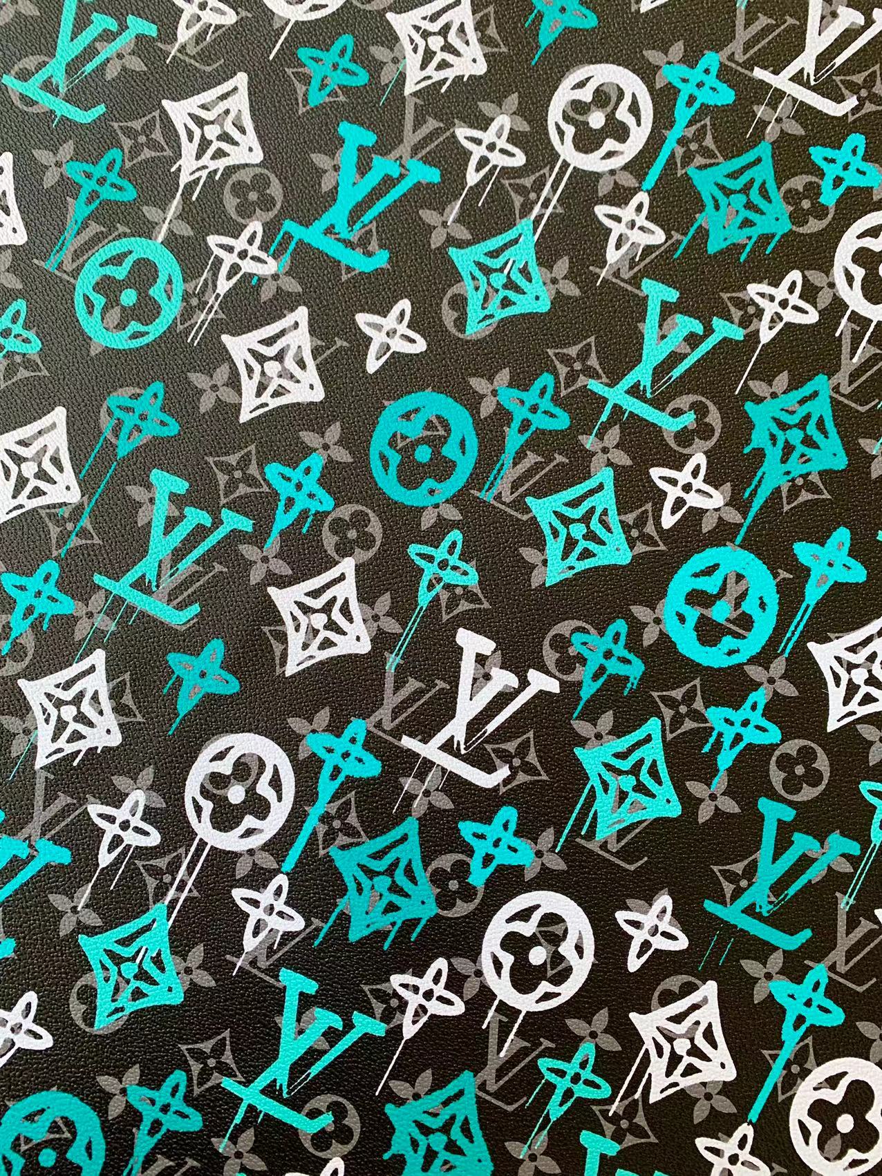Craft Green With White Graffiti Design LV Leather Fabric For Handicraft Sneaker Upholstery By Yard