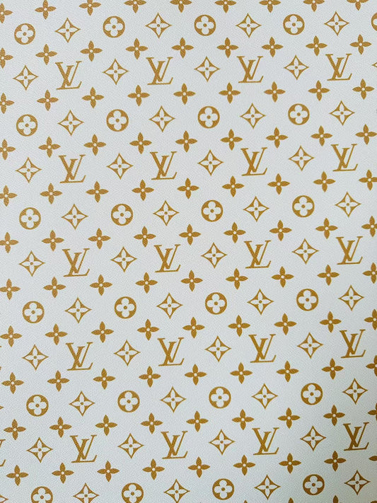 Fashion White With Gold LV Vinyl Leather For Handmade Sneaker, Upholstery Handicraft By Yard