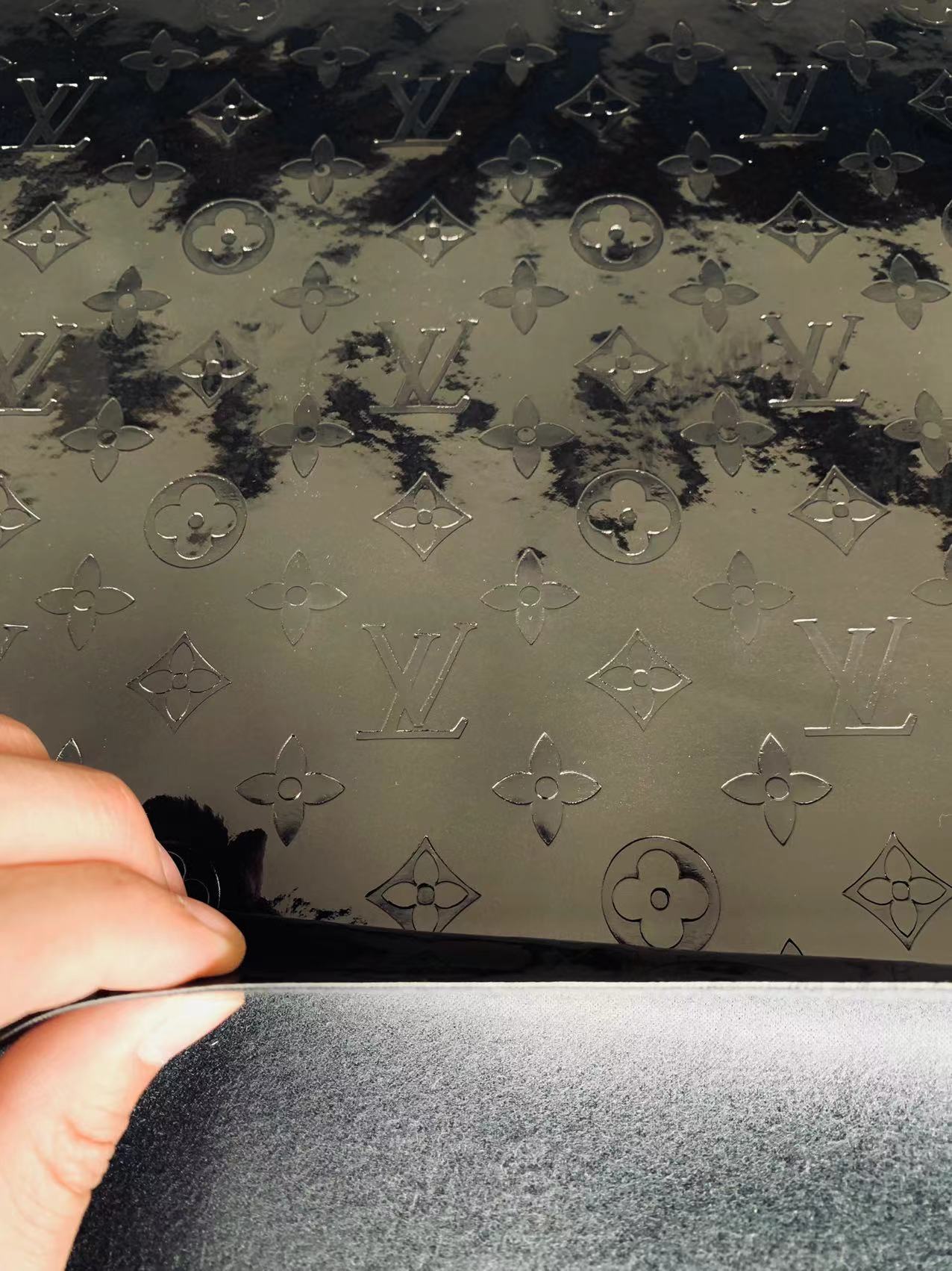 Bright Black Embossed LV Leather Fabirc,Lacquer Leather For Handmade shoes,bags ,furniture customized By Yards