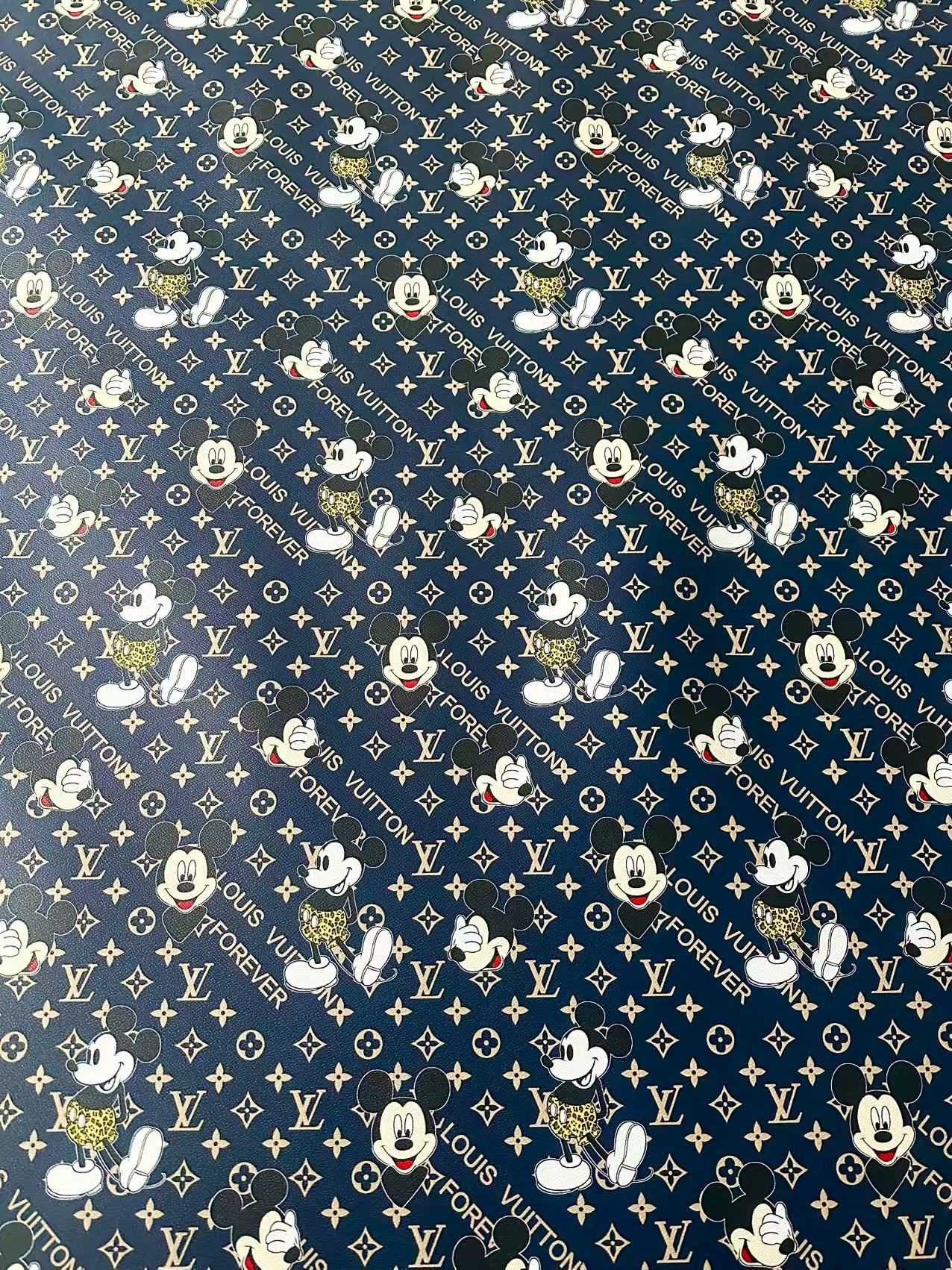 Craft Best Quality Navy Blue LV With Mickey Mouse Vinyl Leather Fabric For Handmade Sneaker,Upholstery Goods By Yard