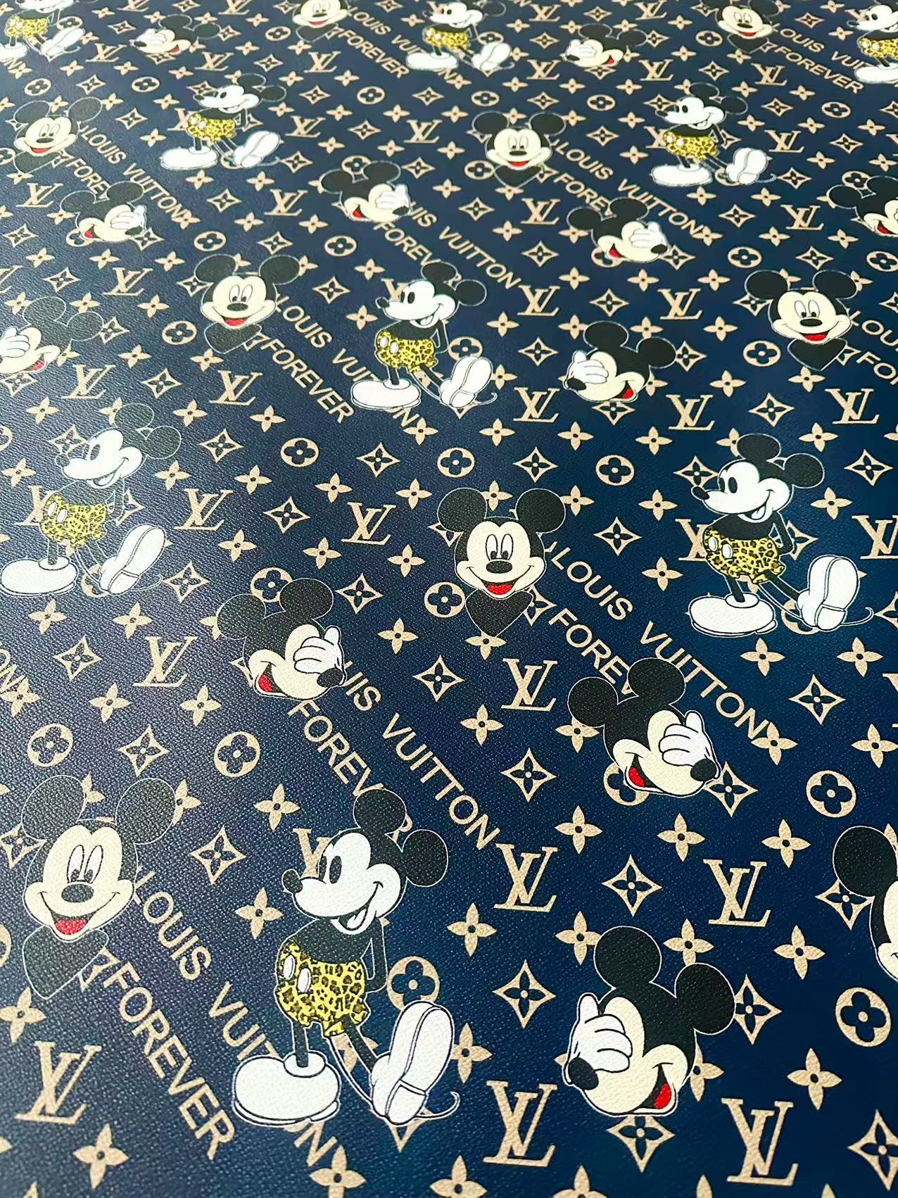 Craft Best Quality Navy Blue LV With Mickey Mouse Vinyl Leather Fabric For Handmade Sneaker,Upholstery Goods By Yard