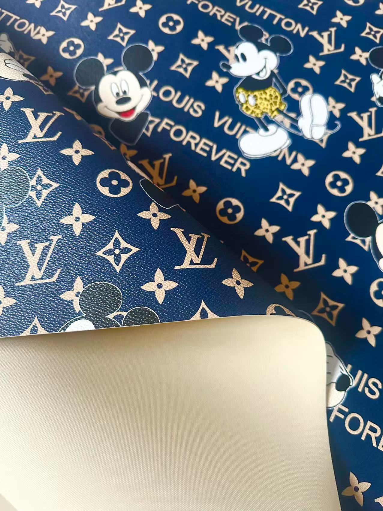 Craft Best Quality Navy Blue LV With Mickey Mouse Vinyl Leather Fabric For Handmade Sneaker,Upholstery Goods By Yard