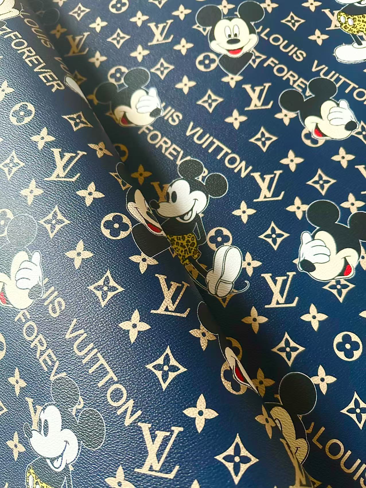 Craft Best Quality Navy Blue LV With Mickey Mouse Vinyl Leather Fabric For Handmade Sneaker,Upholstery Goods By Yard