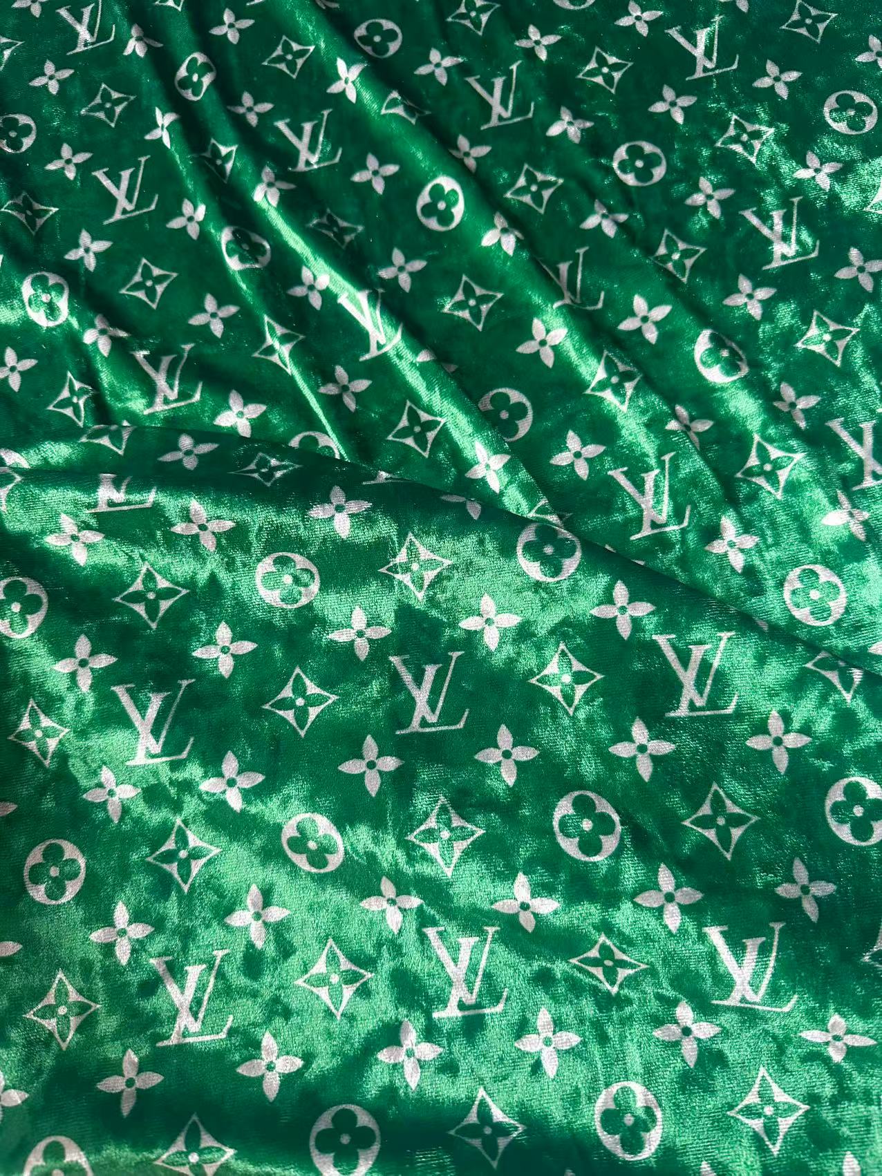 Craft Luxury Green With White LV Knitting Velvet Fabric For Handmade Sneaker,Car Upholstery and Clothing