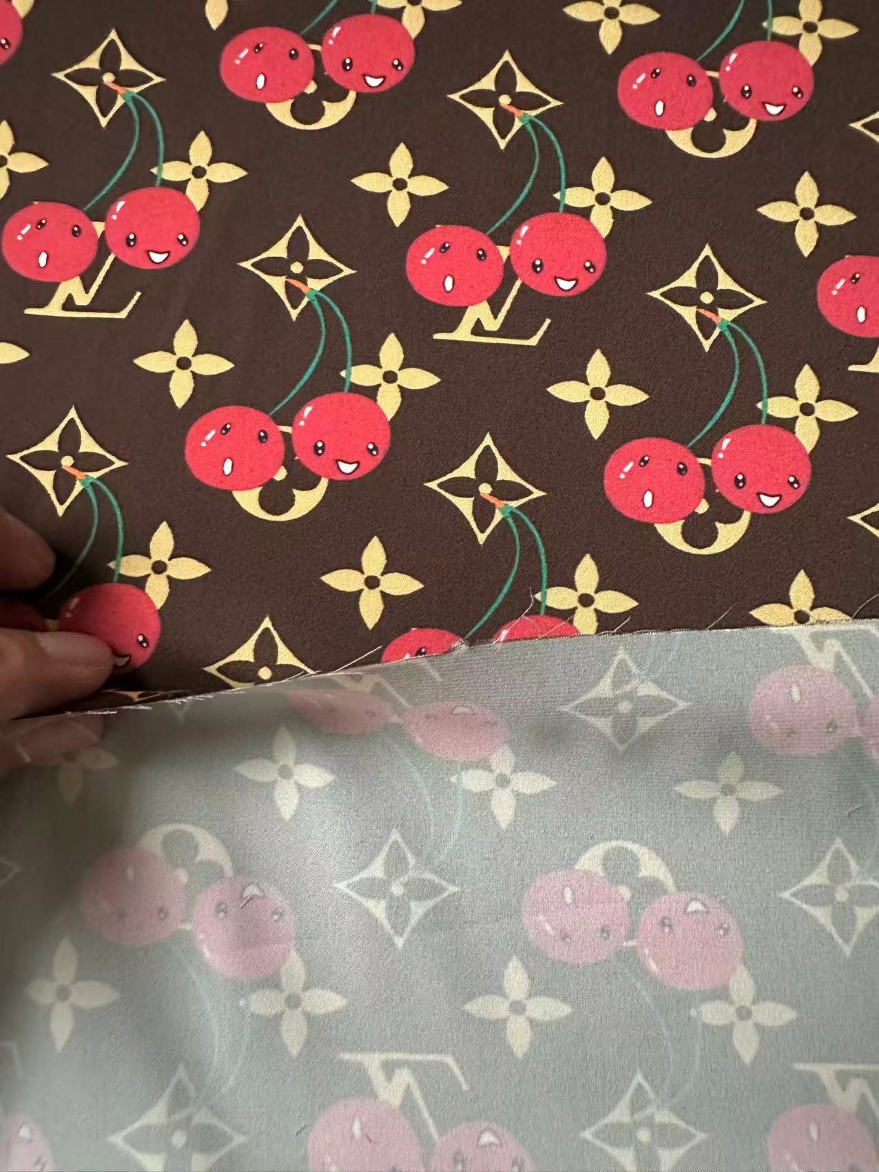 Craft Brown LV With Cherry Silk Printing Cloth Fabric For Handmade Handicraft Goods By Yard