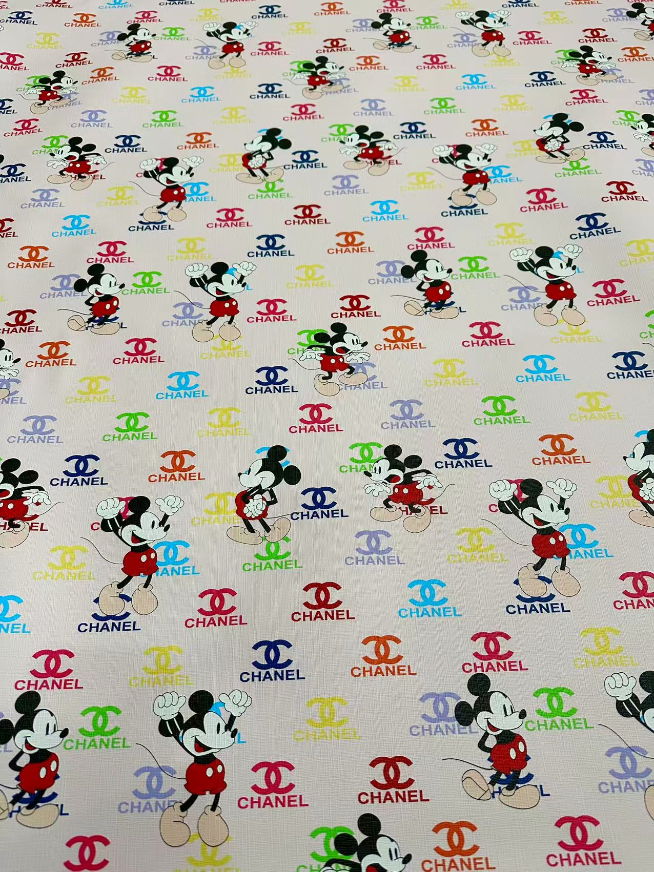 Fashion Colorful Chanel With Mickey Mouse Leather Fabric For Handmade Sneaker, Upholstery Goods By Yard