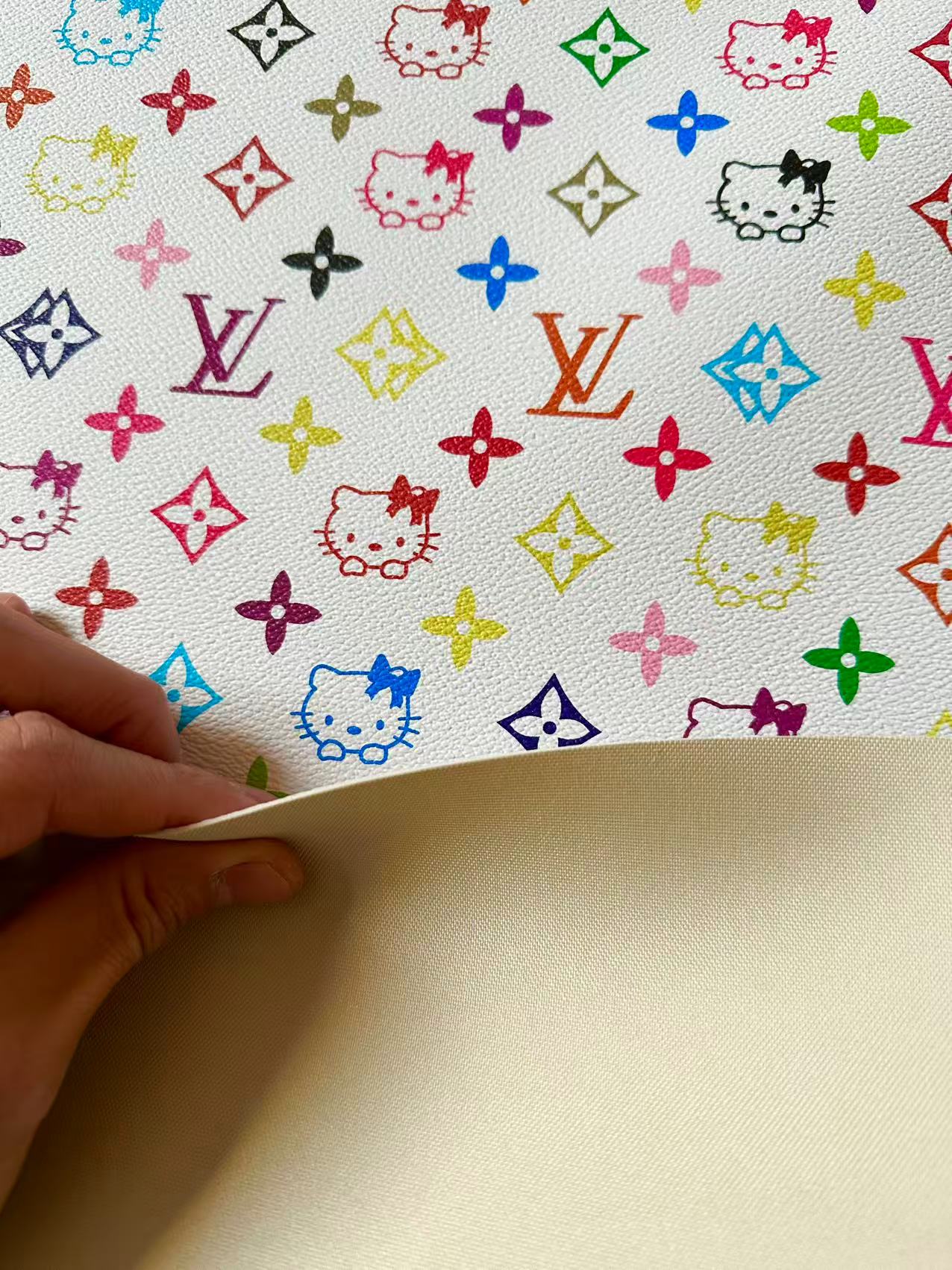 Colorful LV With Hello Kitty Vinyl Leather Fabric For Bag ,shoes ,Handicraft Goods By Yards