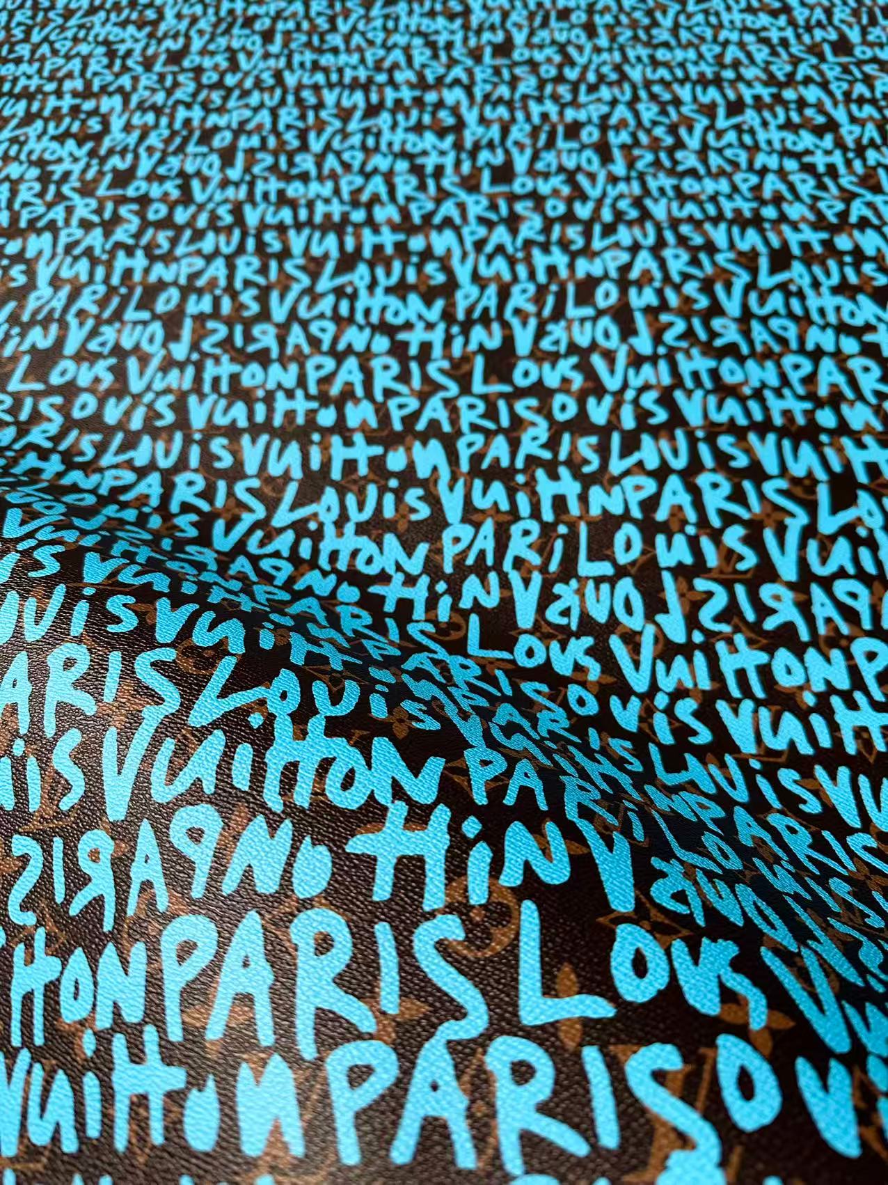 Fashion LV Graffiti Letter Design Vinyl Leather for Handmade Shoes ,Handmade Bags Leather By Yard (Sky Blue)