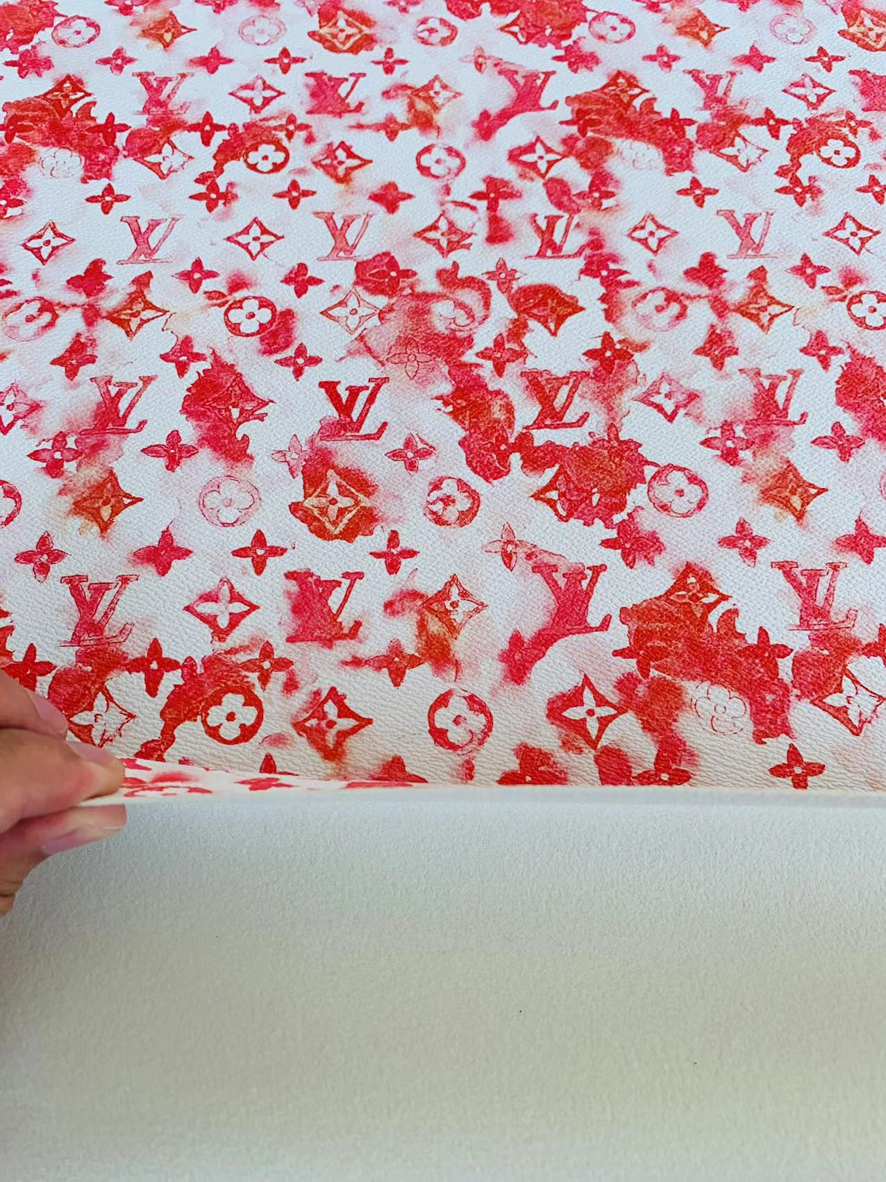Classic Watercolour  LV  Leather Case Fabric, Handmade Bag Fabric, Hand-made Shoes  Fabric By Yard (Red)