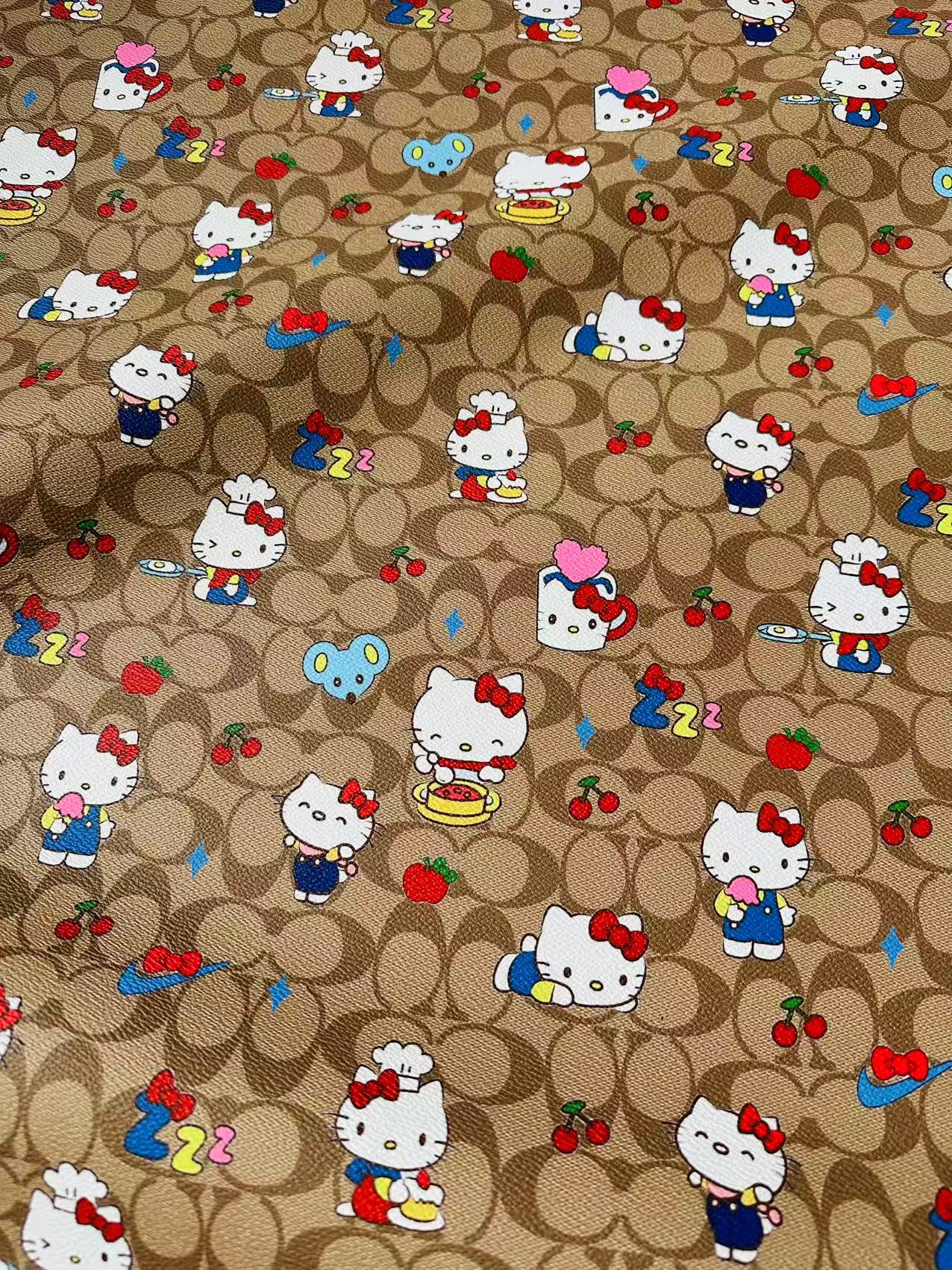 Fashion Hello Kitty With Coach Cup Design Leather Fabric For Handmade Handicraft By Yards