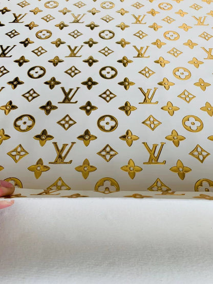 Classic LV Gilding Embossed Leather Fabric ,Handmade Bags Leather ,Handmade Shoes Leather By Yard(white with gold word)