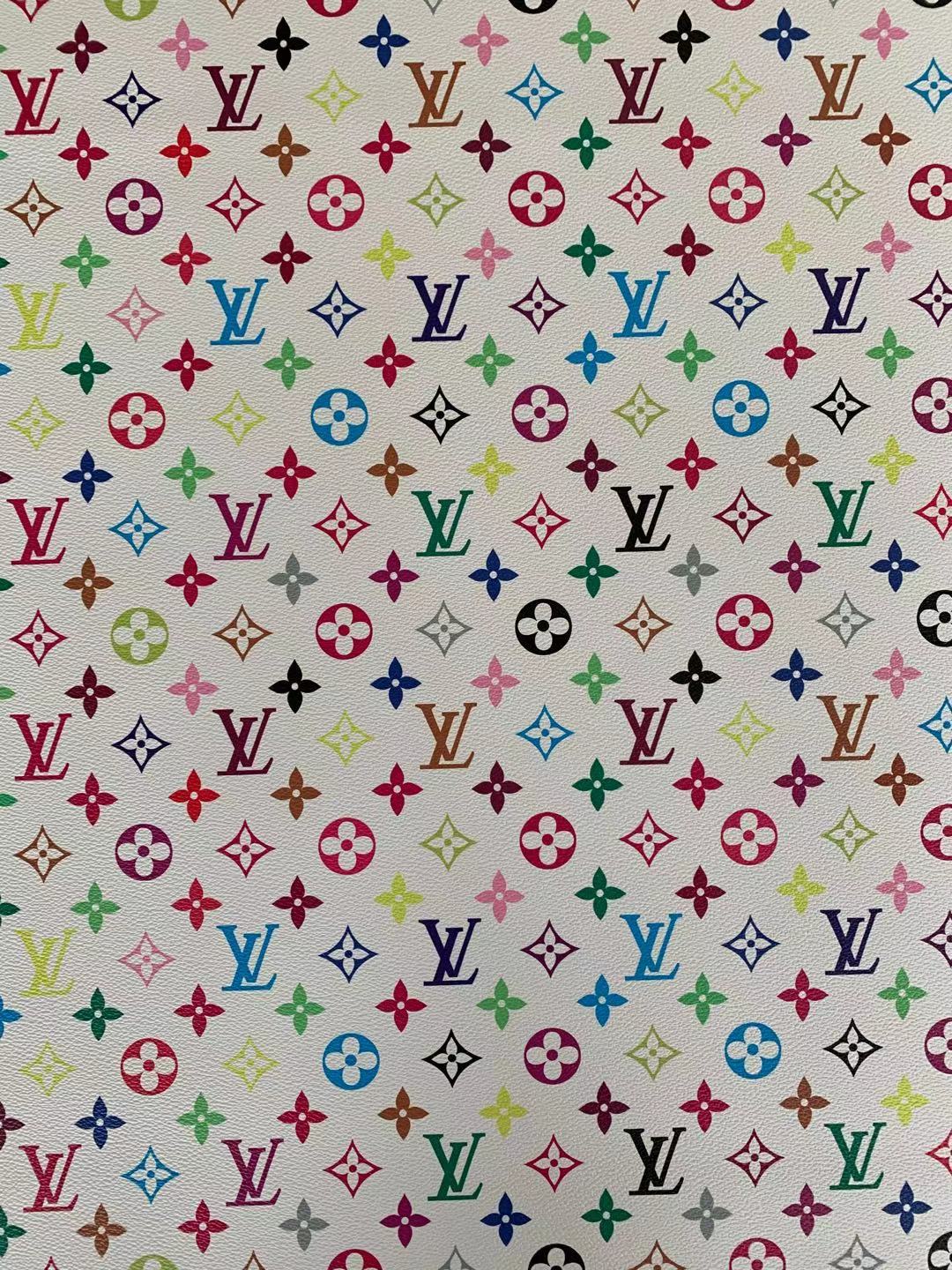 Fashion LV vinyl crafting leather fabric For Handmade Shoes ,Bags and DIY Handicrafts By Yard (Colorful White)