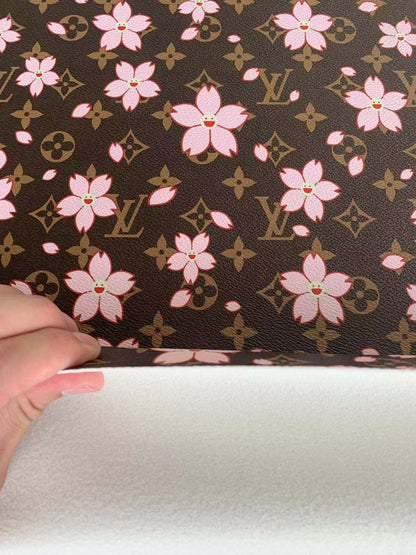 Classic LV Pink Flower Leather Case Fabric, Handmade Bag Fabric, Hand-made Shoes Fabric By Yard