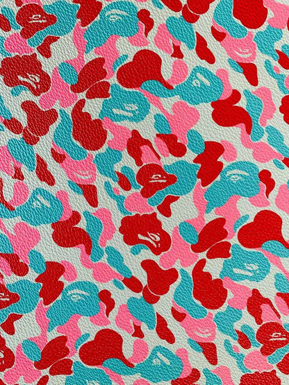 Classic Bape Fashion Custom Leather Fabric For Bags Leather Shoes Custom Leather By Yard (Red with Sky Blue)