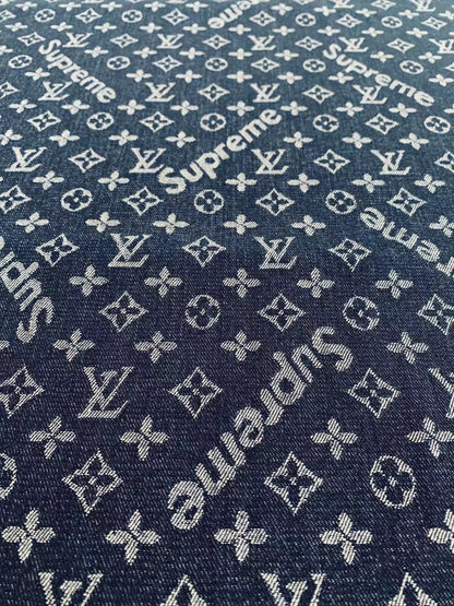 Classic LV With Supreme Denim Woven Jacquard fabric , Jean Fabric For Handmade Goods By Yard ( Dark Blue )