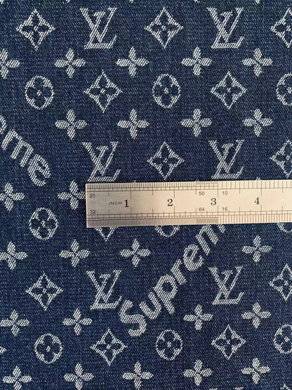 Classic LV With Supreme Denim Woven Jacquard fabric , Jean Fabric For Handmade Goods By Yard ( Dark Blue )