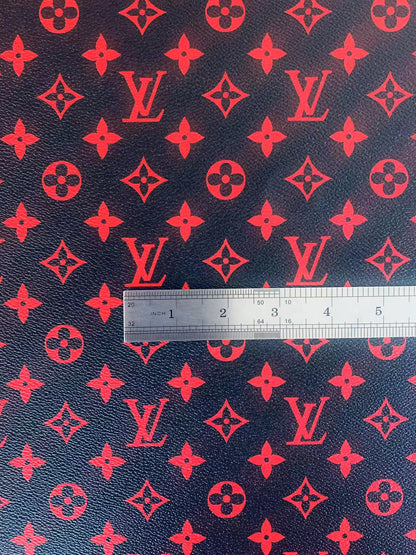 Classic LV Vinyl Leather Case Fabric, Handmade Bag Fabric ,Hand-made Shoes  Fabric By Yard(Black With Red)