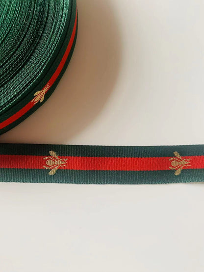 Classic Gucci with Bee Strap ,Handmade Striped Ribbon Trim with Bee Embroidered For shoes ,Bags ,Handicrafts By Yard (Green with Red )