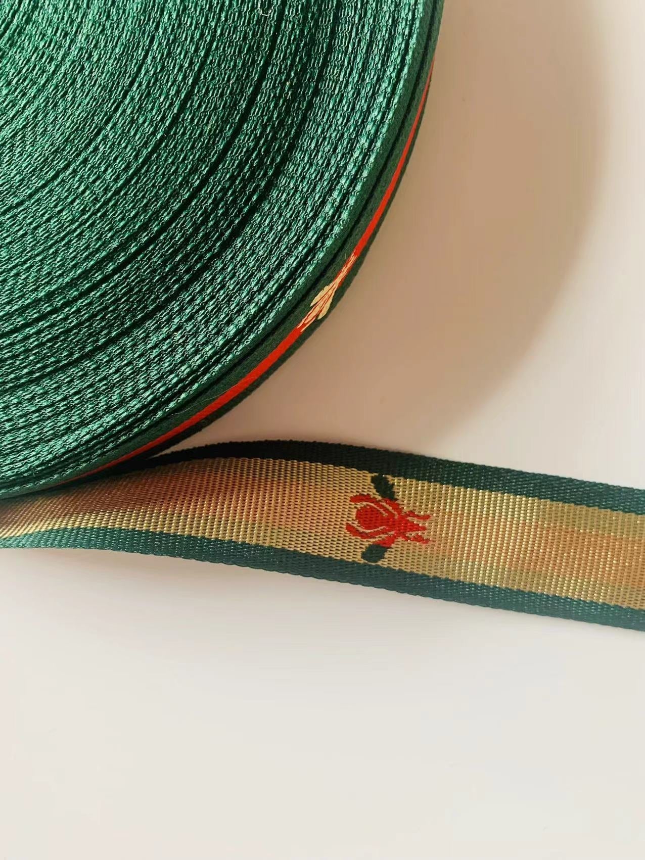 Classic Gucci with Bee Strap ,Handmade Striped Ribbon Trim with Bee Embroidered For shoes ,Bags ,Handicrafts By Yard (Green with Red )