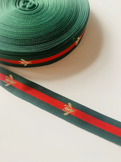 Classic Gucci with Bee Strap ,Handmade Striped Ribbon Trim with Bee Embroidered For shoes ,Bags ,Handicrafts By Yard (Green with Red )