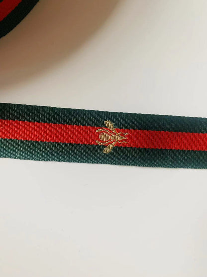 Classic Gucci with Bee Strap ,Handmade Striped Ribbon Trim with Bee Embroidered For shoes ,Bags ,Handicrafts By Yard (Green with Red )