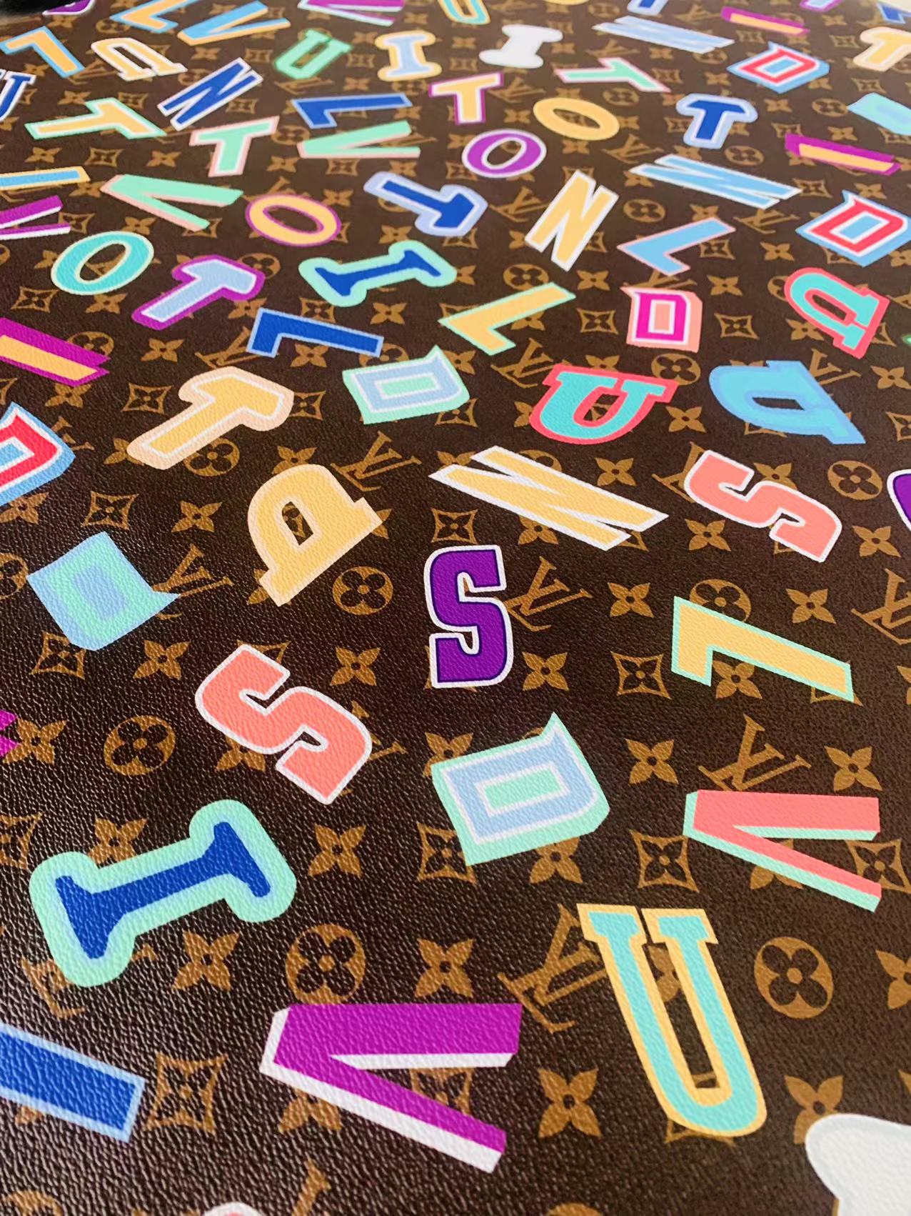 Classic  LV Colorful Word Leather Crafting Fabric For Handmade Bags ,Shoes ,Bike and DIY Handicrafts By Yard