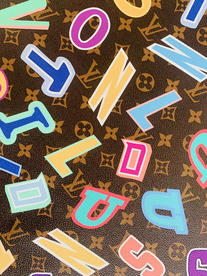 Classic  LV Colorful Word Leather Crafting Fabric For Handmade Bags ,Shoes ,Bike and DIY Handicrafts By Yard