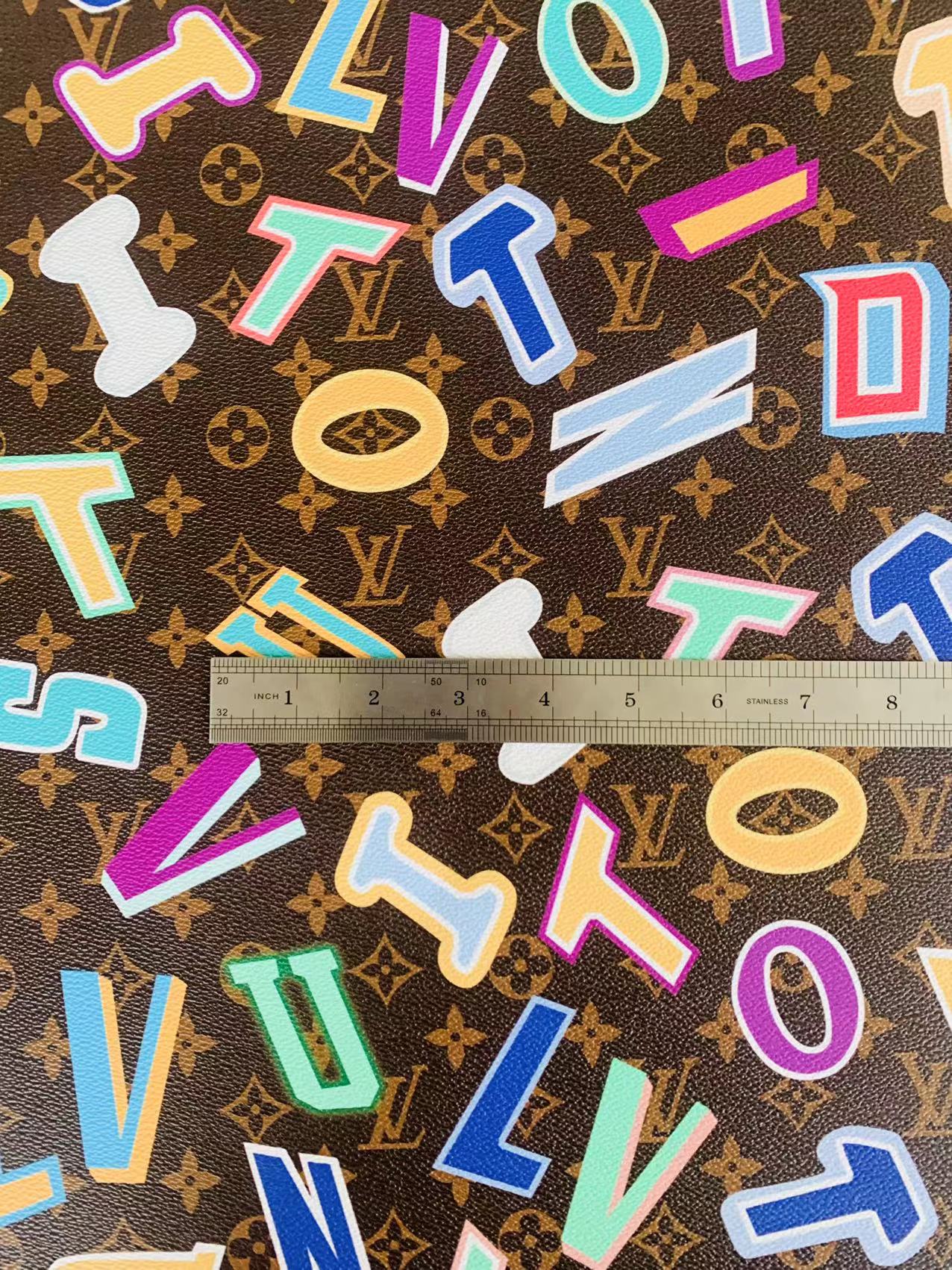 Classic  LV Colorful Word Leather Crafting Fabric For Handmade Bags ,Shoes ,Bike and DIY Handicrafts By Yard