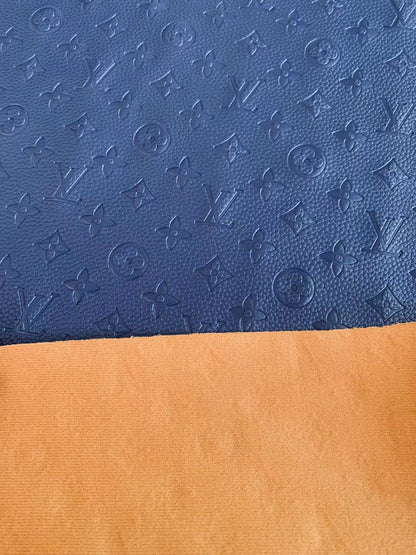 Fashion Embossed LV Crafting Leather Fabric For Handmade Bags and Shoes ,Handicrafts  By Yards (Dark Blue)