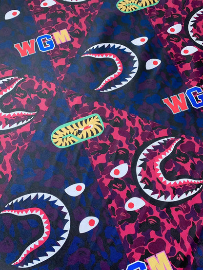 Fashion Bape Shark Teeth Design Custom Leather Fabric For Bags Leather Shoes Custom Leather By Yard (Dark Blue with Dark Pink)