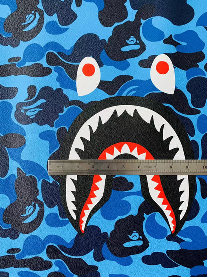 Fashion Bape Shark Teeth Design Custom Leather Fabric For Bags Leather Shoes Custom Leather By Yard (Blue)