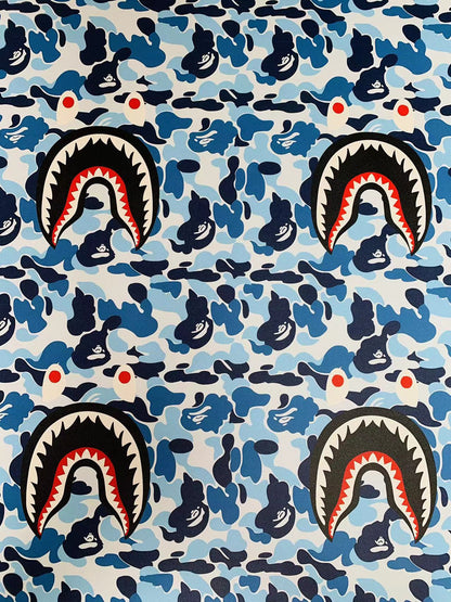 Fashion Bape Shark Teeth Design Custom Leather Fabric For Bags Leather Shoes Custom Leather By Yard (Sky Blue)