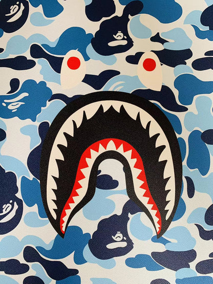 Fashion Bape Shark Teeth Design Custom Leather Fabric For Bags Leather Shoes Custom Leather By Yard (Sky Blue)