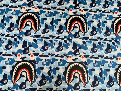 Fashion Bape Shark Teeth Design Custom Leather Fabric For Bags Leather Shoes Custom Leather By Yard (Sky Blue)