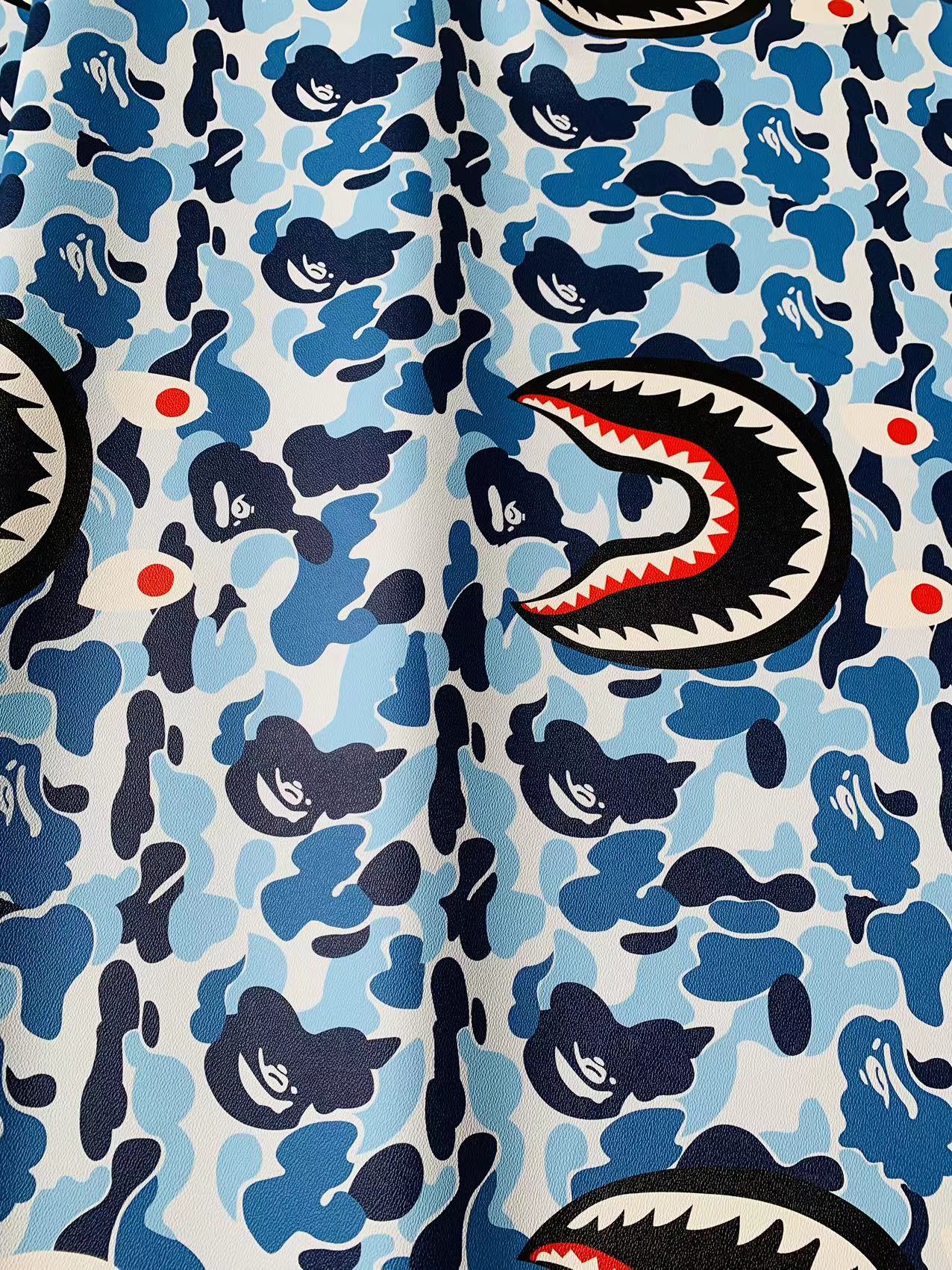 Fashion Bape Shark Teeth Design Custom Leather Fabric For Bags Leather Shoes Custom Leather By Yard (Sky Blue)