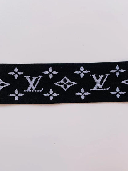 Black With White LV 1.5 inch Elastic Strap ,Handmade Striped Ribbon Trim Embroidered For Handicrafts By Yard