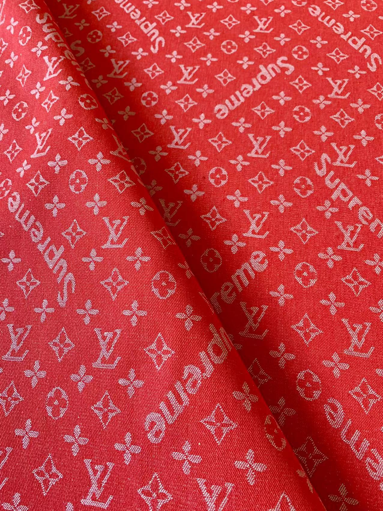 Classic Red LV With Supreme Denim Woven Jacquard fabric , Jean Fabric For Handmade Goods By Yard