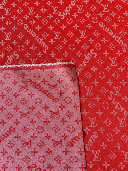 Classic Red LV With Supreme Denim Woven Jacquard fabric , Jean Fabric For Handmade Goods By Yard