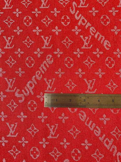 Classic Red LV With Supreme Denim Woven Jacquard fabric , Jean Fabric For Handmade Goods By Yard