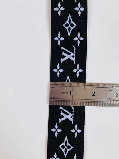 Black With White LV 1.5 inch Elastic Strap ,Handmade Striped Ribbon Trim Embroidered For Handicrafts By Yard