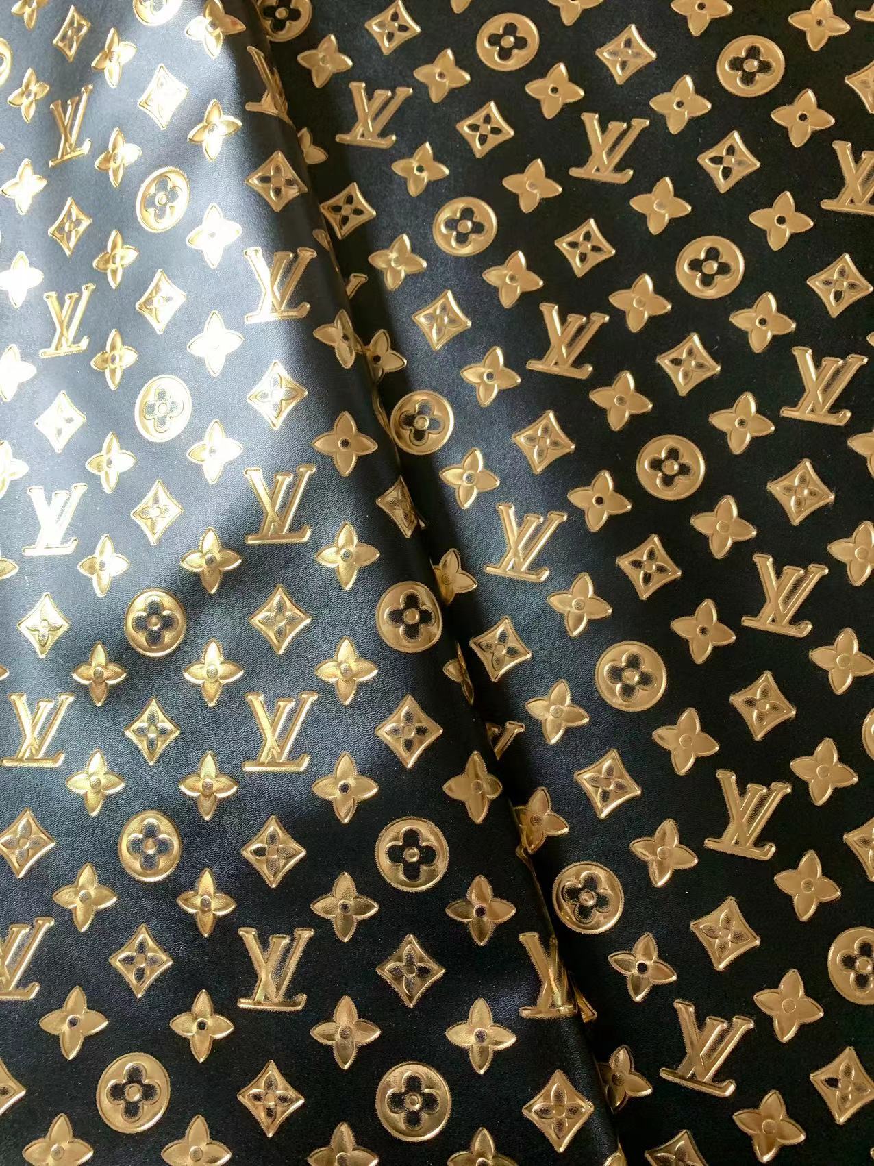 Classic LV Gilding Embossed Leather Fabric ,Handmade Bags Leather ,Handmade Shoes Leather By Yard(Black with gold word)