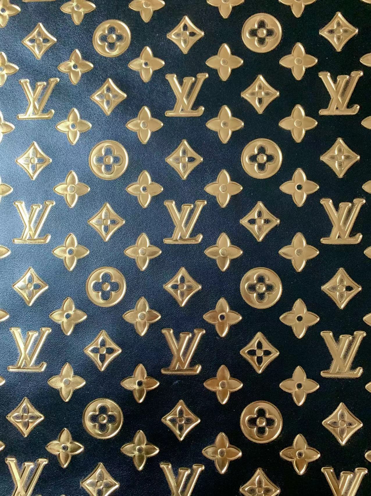 Classic LV Gilding Embossed Leather Fabric ,Handmade Bags Leather ,Handmade Shoes Leather By Yard(Black with gold word)