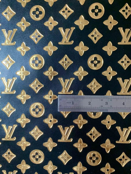 Classic LV Gilding Embossed Leather Fabric ,Handmade Bags Leather ,Handmade Shoes Leather By Yard(Black with gold word)