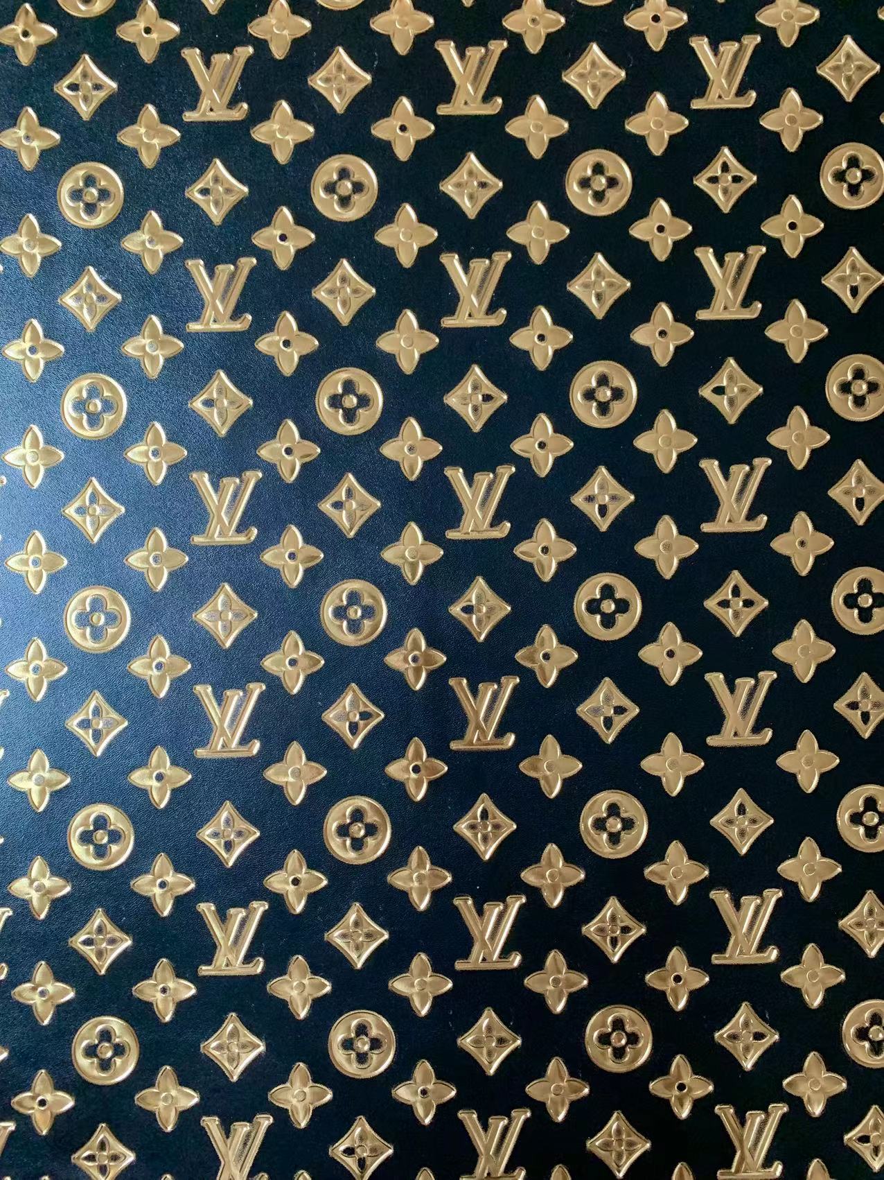 Classic LV Gilding Embossed Leather Fabric ,Handmade Bags Leather ,Handmade Shoes Leather By Yard(Black with gold word)