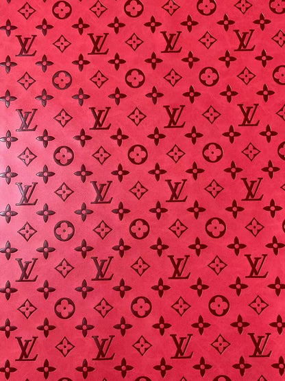 Fashion LV Vantage Embossed Leather Fabric For Handmade Handicrafts，DIY Shoes ,Customized Bags LV Design Leather By Yard (Red)